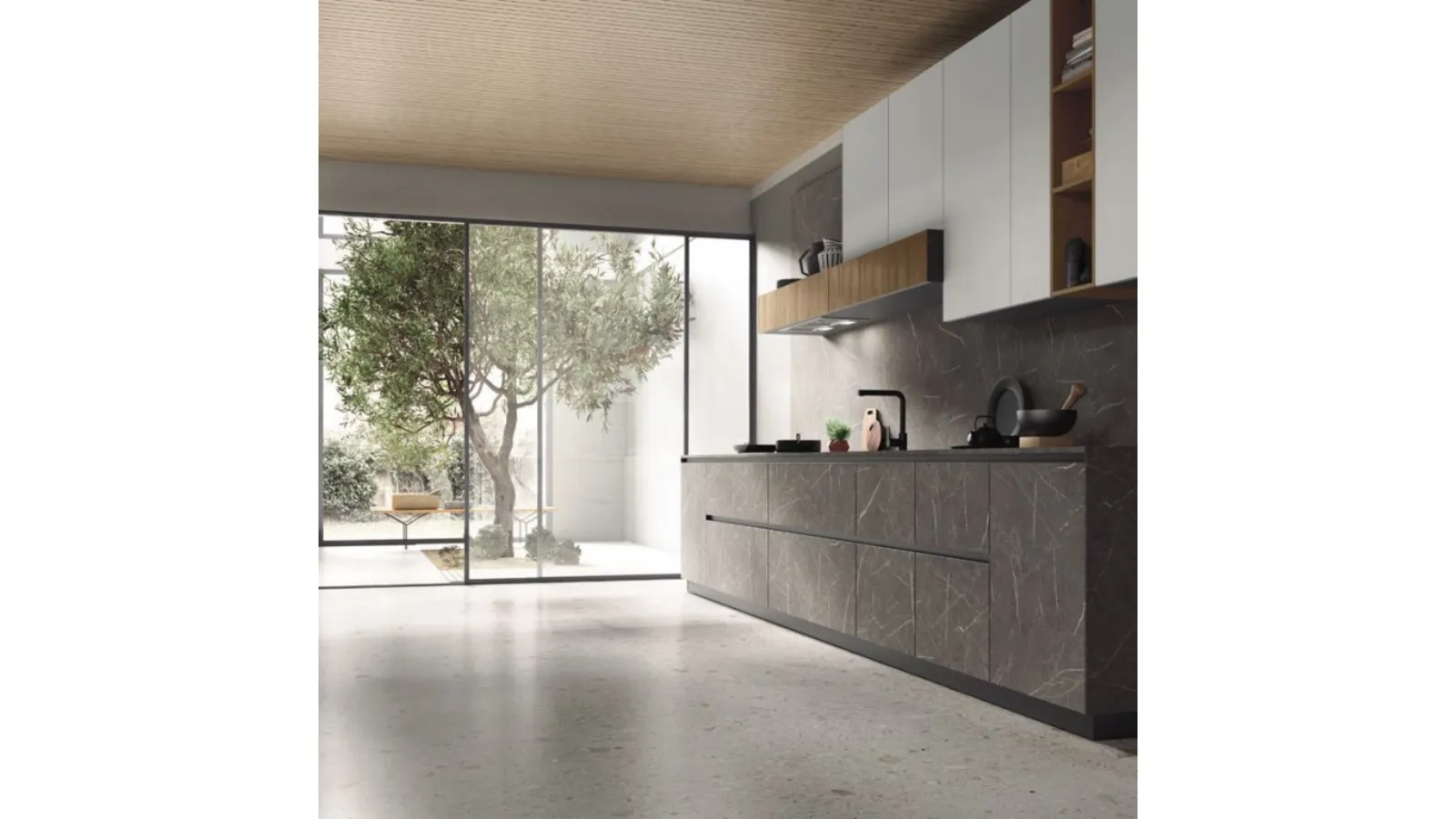 Cucina Moderna lineare AL 32 Spaccato Cognac, vetro opaco e HPL Grafite di Arrex