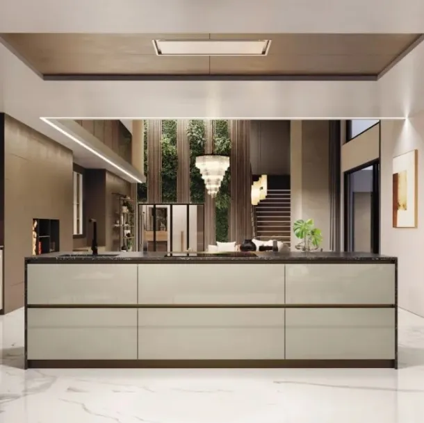 Cucina Moderna con isola AL 32 10 in Vetro lucido Juta e Noce Canaletto di Arrex