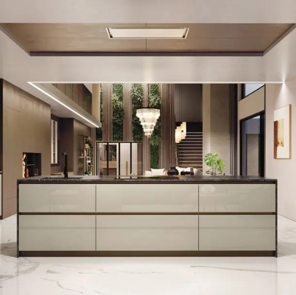 Cucina Moderna lineare AL 32 in Vetro lucido Juta e Noce Canaletto di Arrex