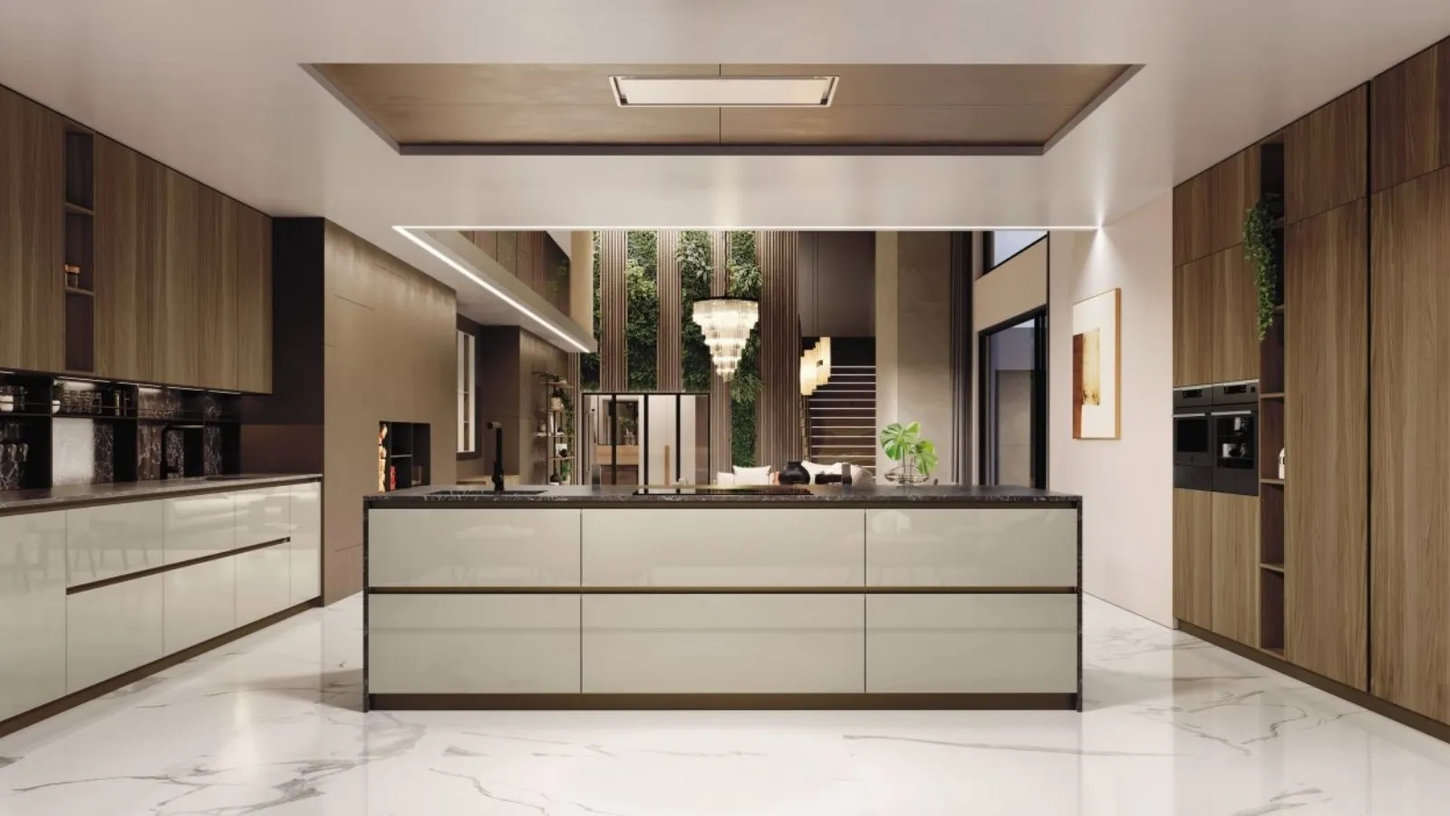 Cucina Moderna lineare AL 32 in Vetro lucido Juta e Noce Canaletto di Arrex