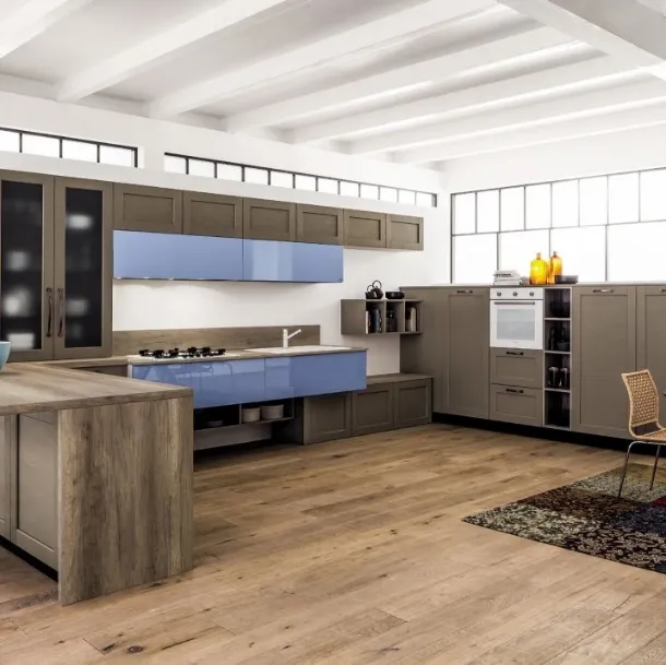 Cucina Moderna angolare con penisola Curry mod Timo in Rovere laccato e laccato lucido colore Nuvola di Arrex