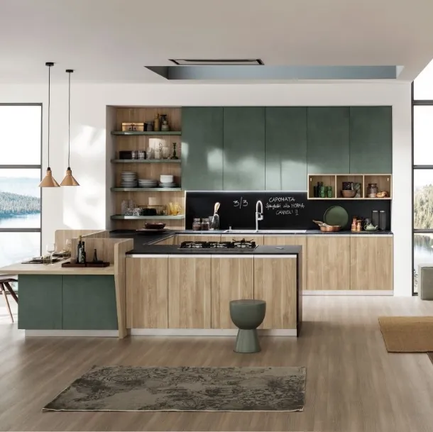 Cucina Moderna angolare con penisola Lab Old Oak Natura e Oxide Muschio di Arrex