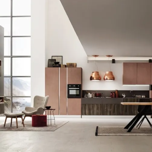 Cucina Moderna lineare Lab in finitura legno Old Oak Petrolio e Oxide Mattone di Arrex