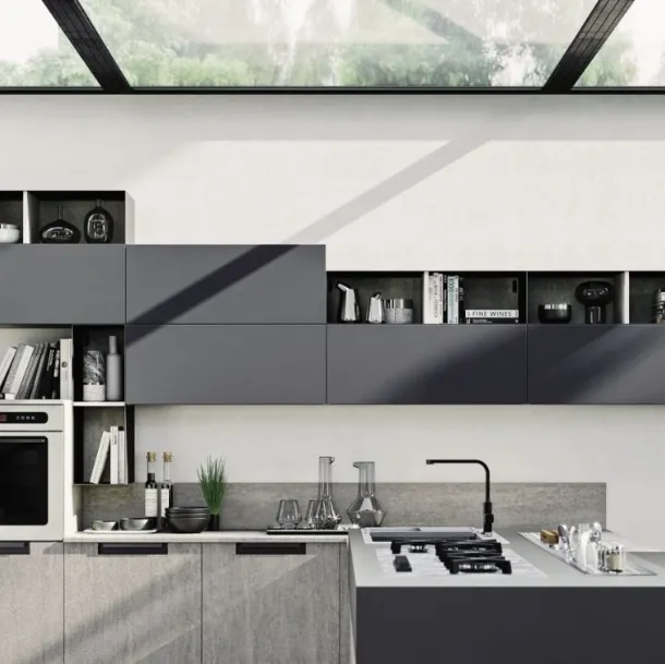 Cucina Moderna angolare in laminato effetto cemento con penisola Loft Wall di Arrex