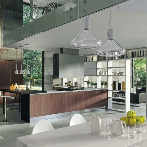 Cucina Moderna angolare Bijou in Noce mondolé e Vetro bianco opaco di Aran