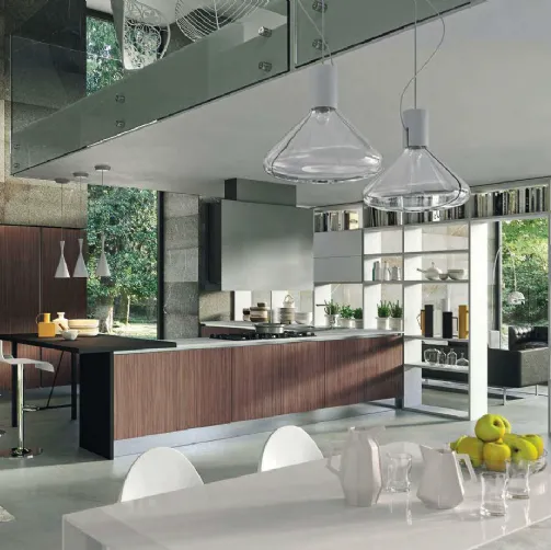 Cucina Moderna angolare Bijou in Noce mondolé e Vetro bianco opaco di Aran