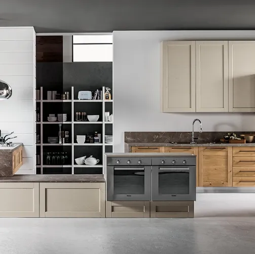 Cucina Moderna con penisola Curry in laccato opaco e legno di Rovere di Arrex