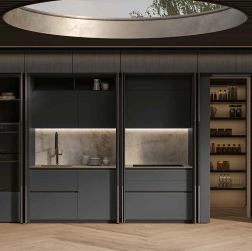 Cucina Moderna lineare Daytona Living in pet Ardesia con ante scorrevoli in legno di Arrex