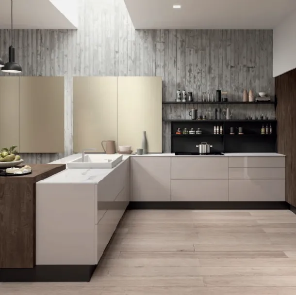 Cucina Moderna con penisola Erika in PET grigio Beton e LPL Quercia Moka di Aran