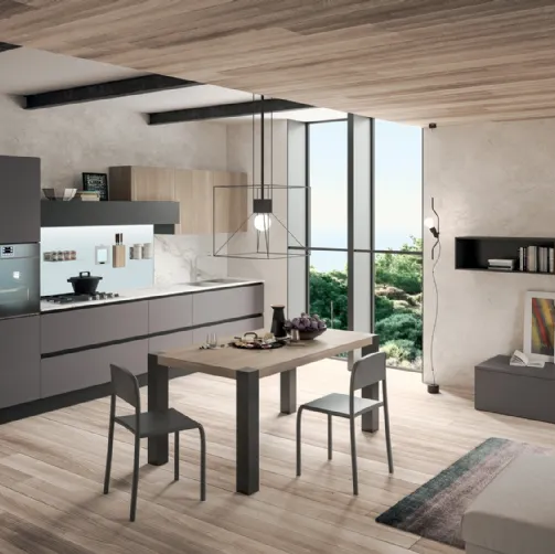 Cucina Moderna lineare Erika in LPL Ombra con profilo Nero e Rovere Brugès di Aran