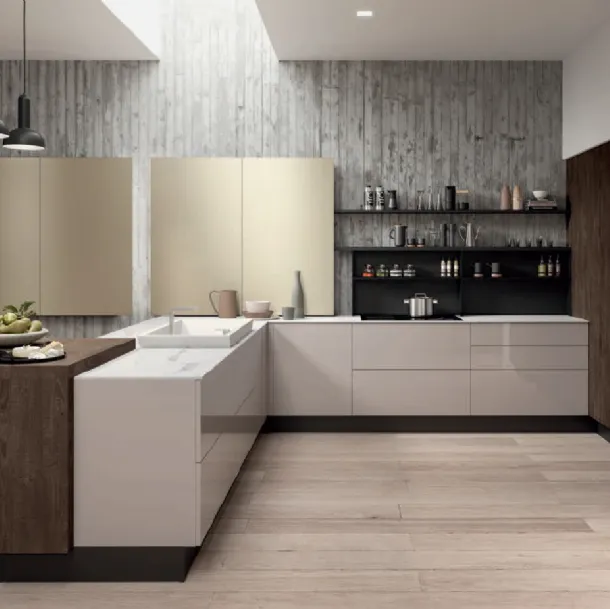 Cucina Moderna angolare Erika in PET grigio Beton e LPL Quercia Moka di Aran