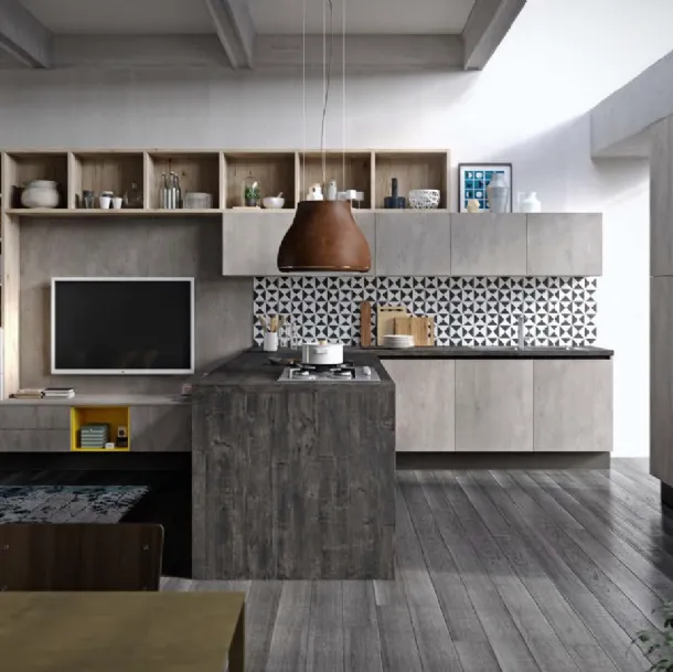 Cucina Moderna angolare Faro e Quadro Rovere graffiato e Cemento di Aran