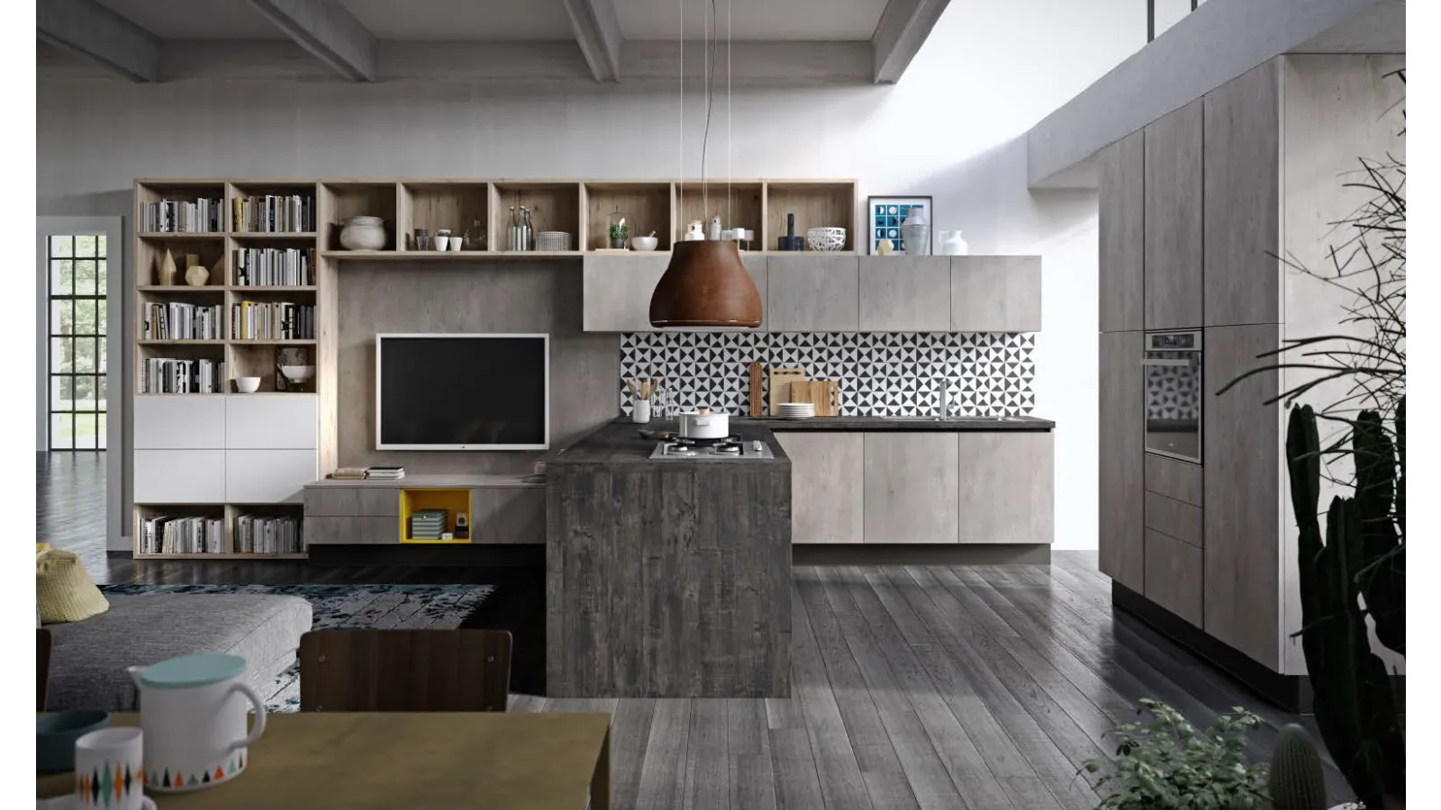 Cucina Moderna angolare Faro e Quadro Rovere graffiato e Cemento di Aran