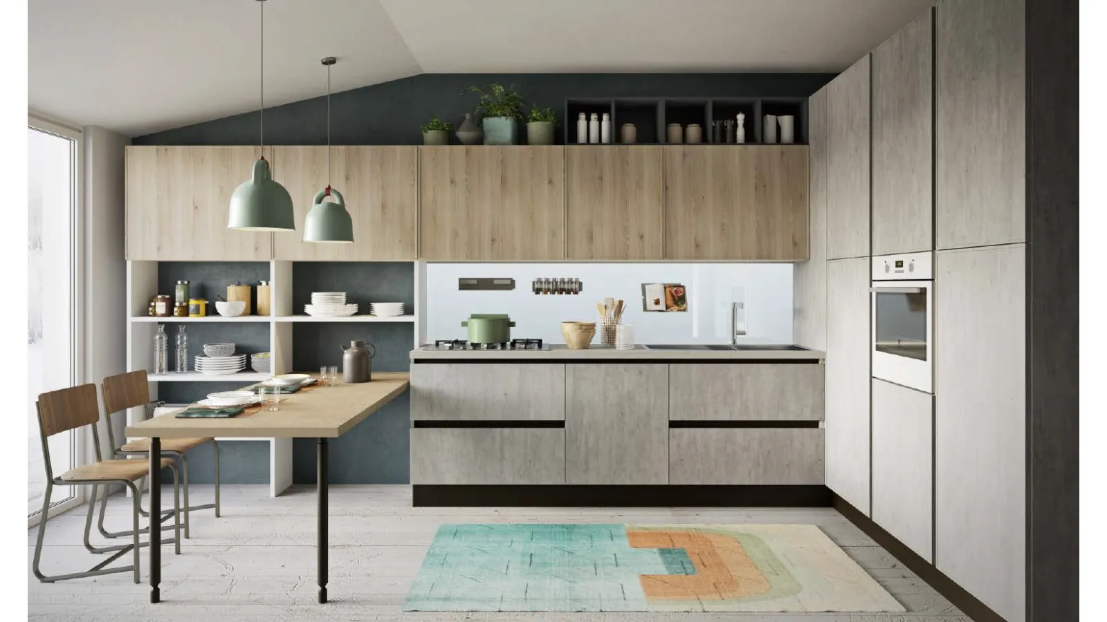 Cucina Moderna lineare Faro e Quadro in Pino grigio e Cemento chiaro di Aran