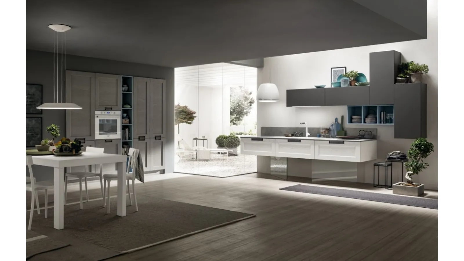 Cucina Moderna lineare Kali in Frassino Decapè Ghiaccio e laccato Antracite di Arrex