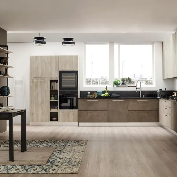 Cucina Moderna angolare finitura Lab Oxide Terra e Old Oak Mandorla di Arrex