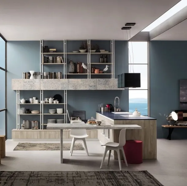 Cucina Moderna lineare Lab in legno Old Oak Mandorla e finitura Damasco Arrex