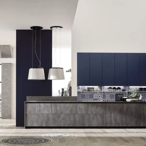 Cucina Moderna lineare Loft Soft Blu e Cemento di Arrex