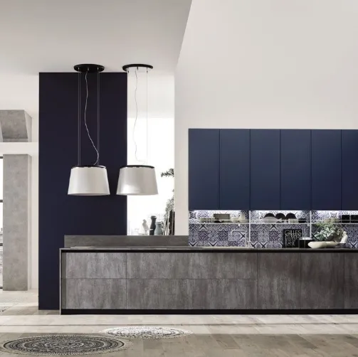 Cucina Moderna lineare Loft Soft Blu e Cemento di Arrex