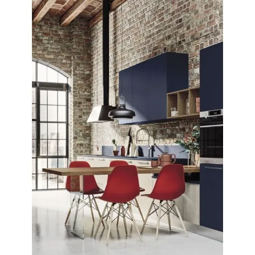 Cucina Moderna lineare Loft Soft in laccato Blu e finitura impiallacciato Wood Neve di Arrex