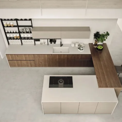 Cucina Moderna con isola e penisola Loft Wood finitura Pepe e laccato Beige di Arrex