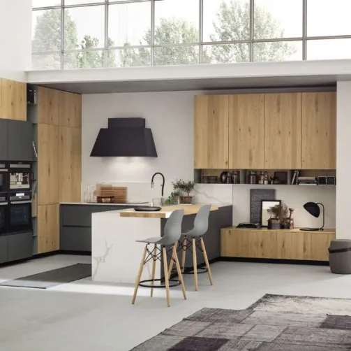 Cucina Moderna angolare con penisola Loft Wood Naturale di Arrex