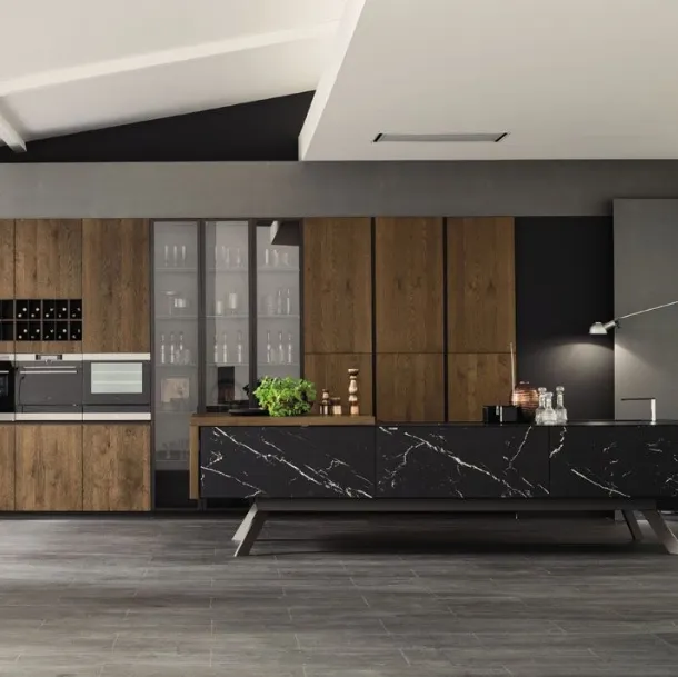 Cucina Moderna lineare Loft Wood Pepe e laminato effetto Marmo di Arrex