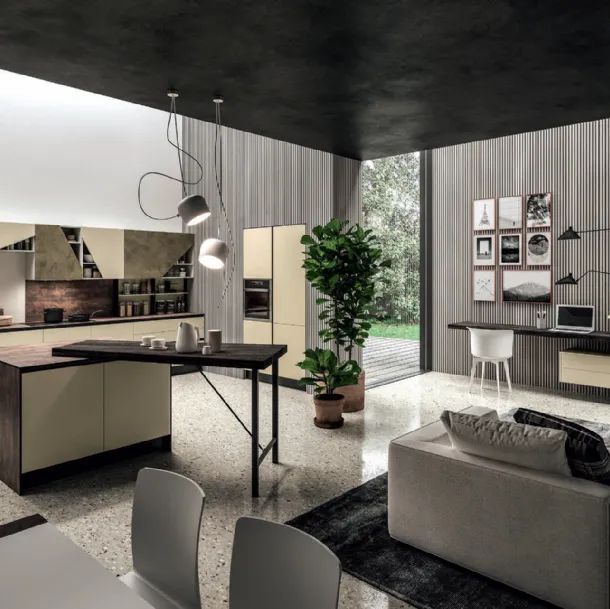Cucina Moderna lineare Mia in HPL stratificato Ruggine e laccato Sabbia di Aran