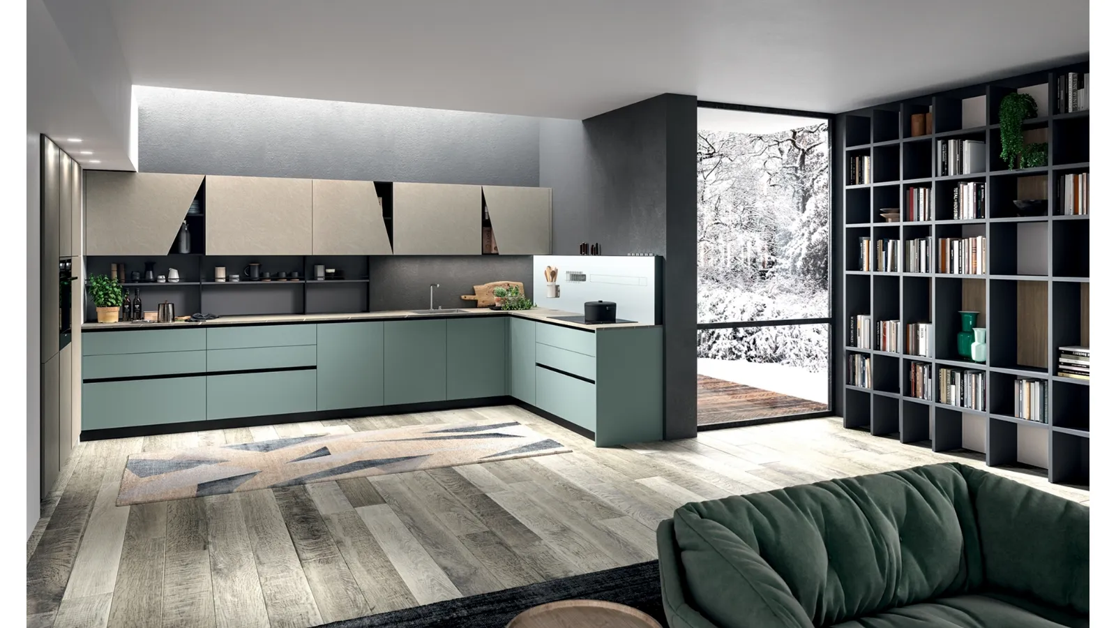 Cucina Moderna angolare Mia in LPL Verde Oliva e Argilla di Aran