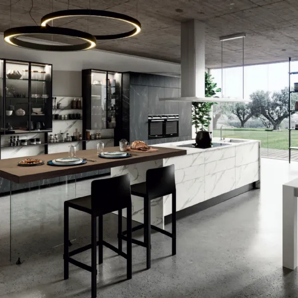 Cucina Moderna lineare con penisola Mia in LPL e top in HPL effetto marmo di Aran