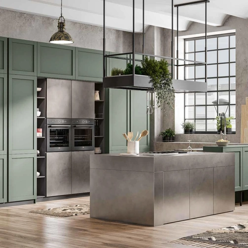 Cucina Moderna con penisola Queen Industrial in laccato e acciaio inox di Arrex