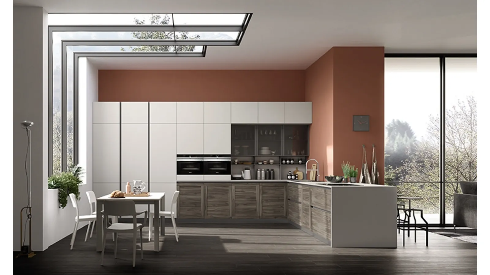 Cucina Moderna angolare Twin Okobo Dark e laccato Grigio chiaro di Arrex