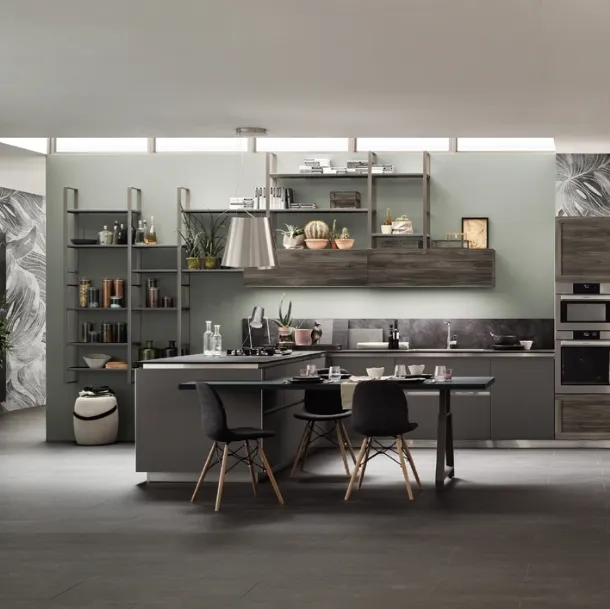 Cucina Moderna angolare con penisola Twin Nichel e Okobo Dark di Arrex