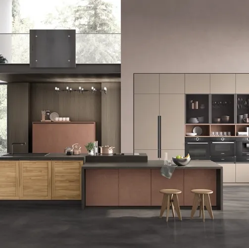 Cucina Moderna lineare Twin Okobo Natural e Lab Oxide Marrone di Arrex