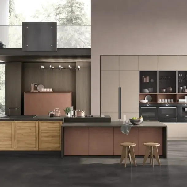 Cucina con isola Twin 06 Okobo Natural e Lab Oxide Marrone di Arrex