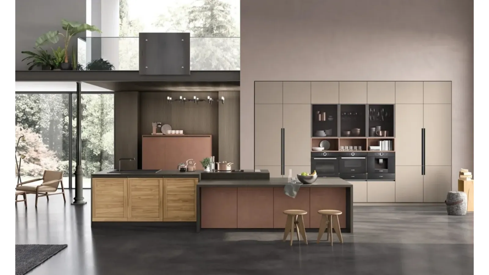 Cucina con isola Twin 06 Okobo Natural e Lab Oxide Marrone di Arrex