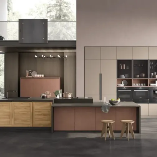 Cucina con isola Twin 06 Okobo Natural e Lab Oxide Marrone di Arrex