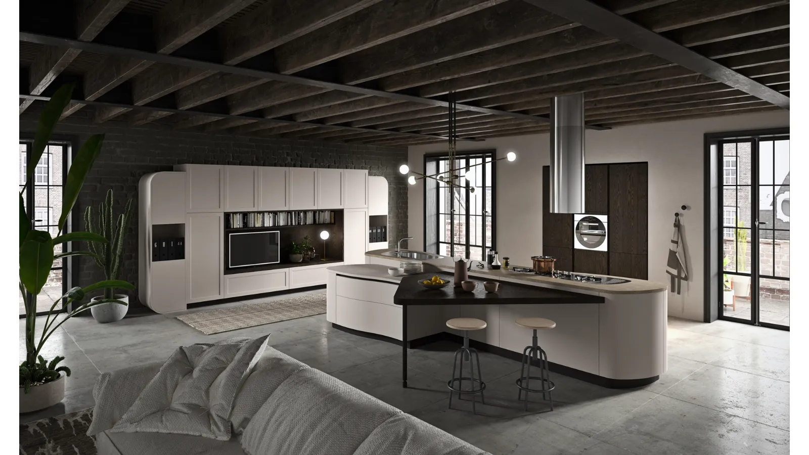 Cucina Moderna con grande isola centrale Vita Bella in laccato Corda opaco di Aran