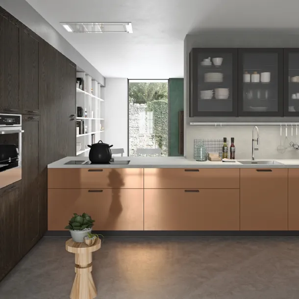 Cucina Moderna lineare Vita Bella in laccato metallo liquido colore rame con top in agglomerato di Quarzo di Aran