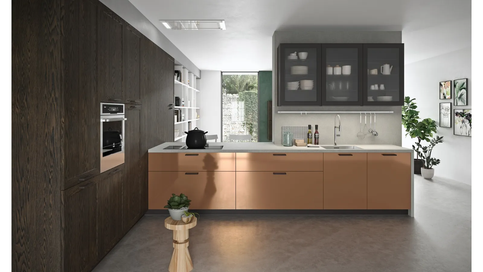 Cucina Moderna Vita Bella in laccato metallo liquido colore rame con top in agglomerato di Quarzo di Aran