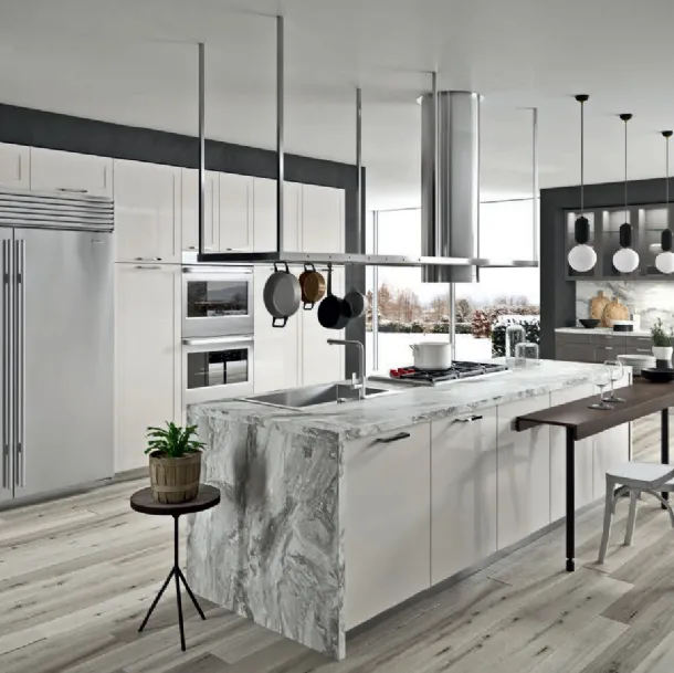 Cucina Moderna Vita Bella in laccato lucido Tortora e laminato effetto marmo di Aran