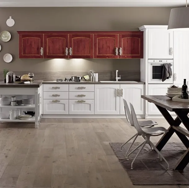 Cucina Shabby Chic Morgana in legno di Rovere Decapé Gesso e Rosso di Arrex
