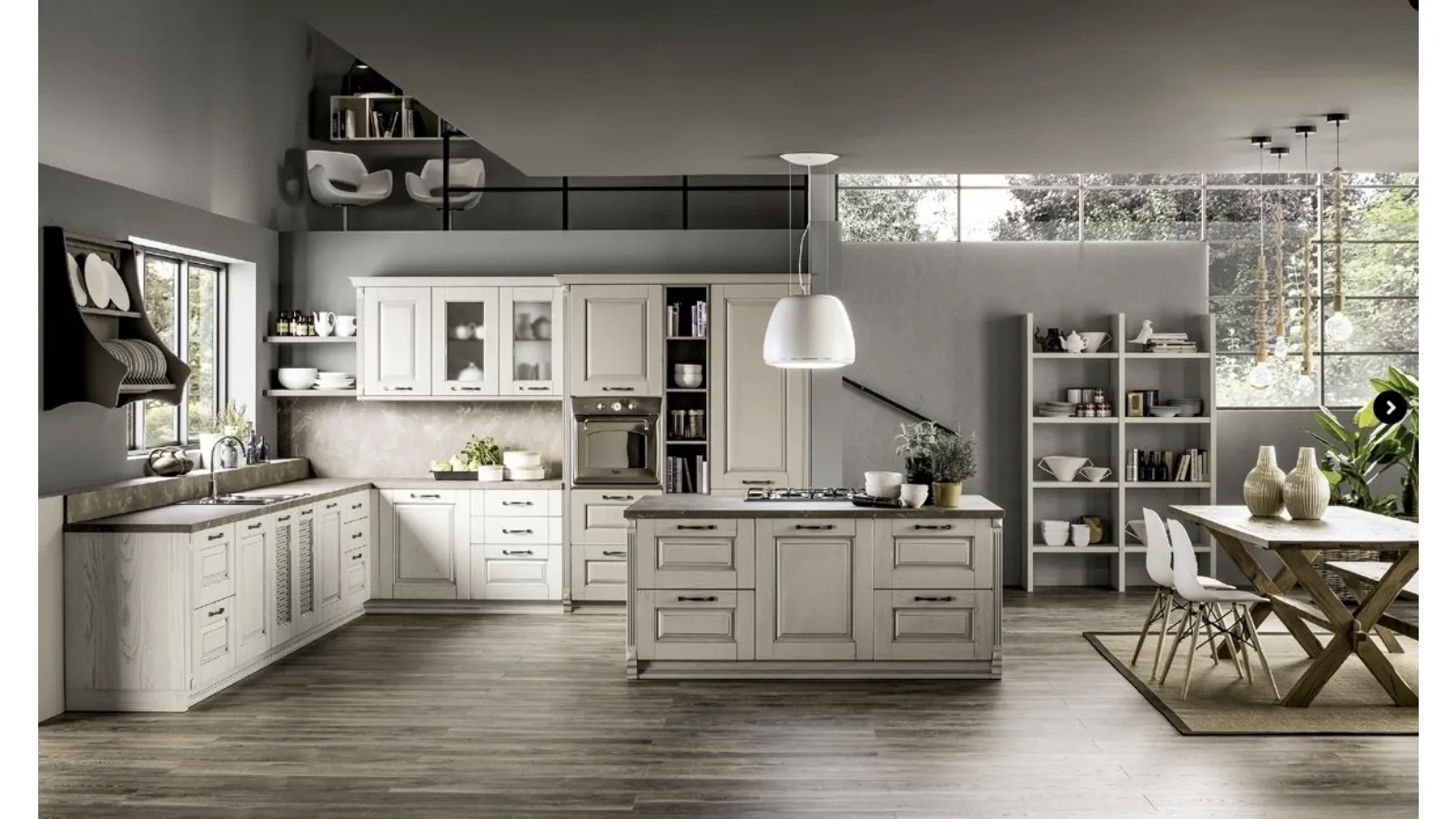 Cucina Shabby Chic angolare con isola centrale Nora in legno Decapé Gesso ed Ecru di Arrex
