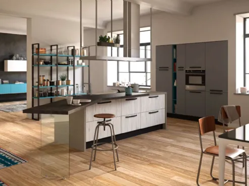 Cucina moderna in laccato opaco, legno e vetro Faro 2 di Aran